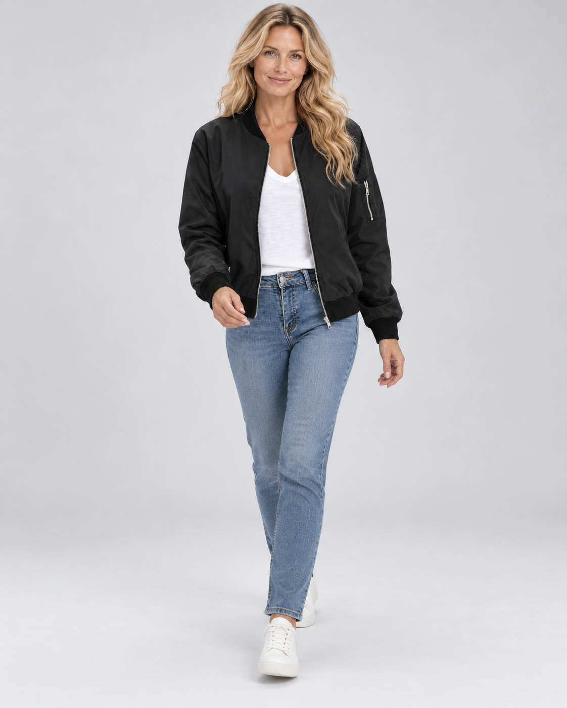 Women's Bomber Jacket with Zip Front and Ribbed Cuffs