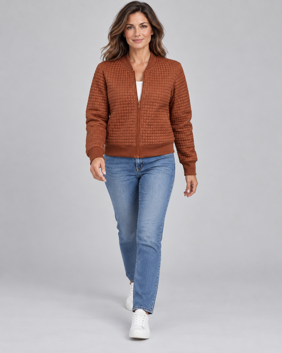 Women's Textured Knit Bomber Jacket with Zip Front and Ribbed Trim