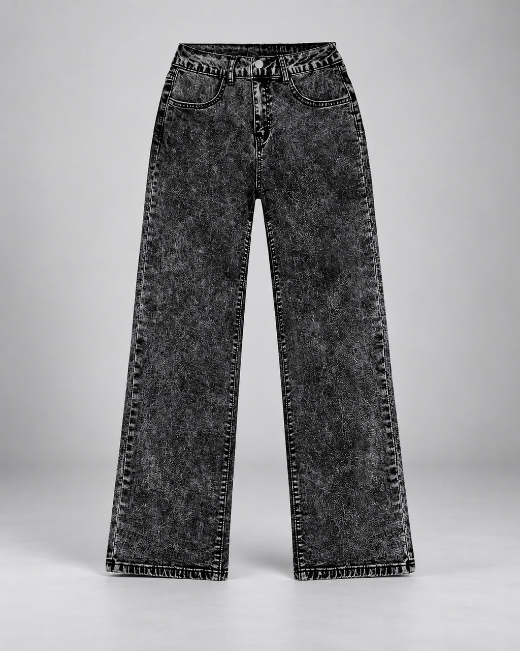 Women's Wide Leg Jeans with Mid Rise and Black Acid Wash