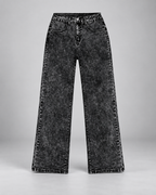 Women's Wide Leg Jeans with Mid Rise and Black Acid Wash