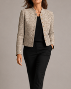 Women's Cropped Tweed Blazer with Stand Collar and Gold Buttons