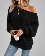 Women's Off Shoulder Ribbed Knit Jumper with Batwing Sleeves