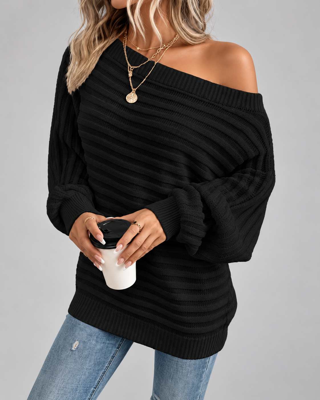 Women's Off Shoulder Ribbed Knit Jumper with Batwing Sleeves