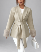 Women's belted jacket with faux fur cuffs in beige - front