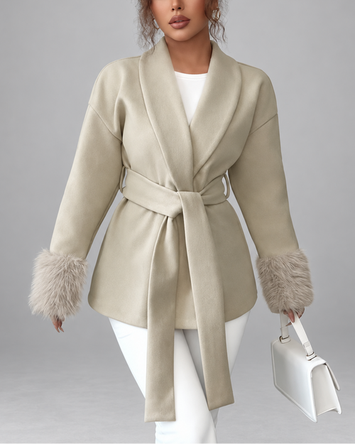 Women's belted jacket with faux fur cuffs in beige - front