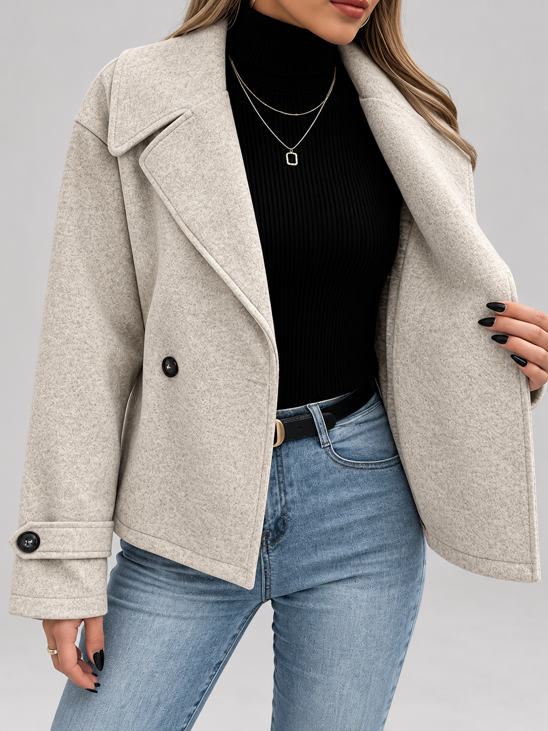 Women's Oversized Double Breasted Short Coat with Lapel Collar