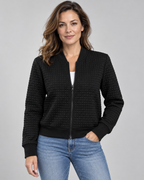 Women's Textured Knit Bomber Jacket with Zip Front and Ribbed Trim