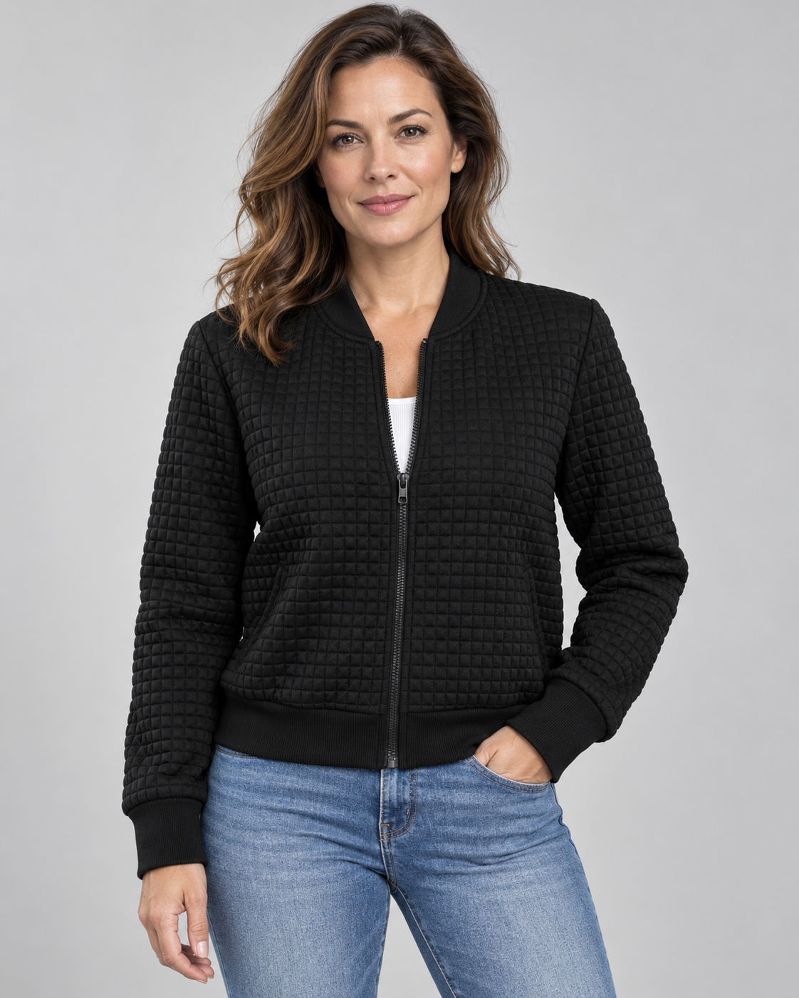 Women's Textured Knit Bomber Jacket with Zip Front and Ribbed Trim