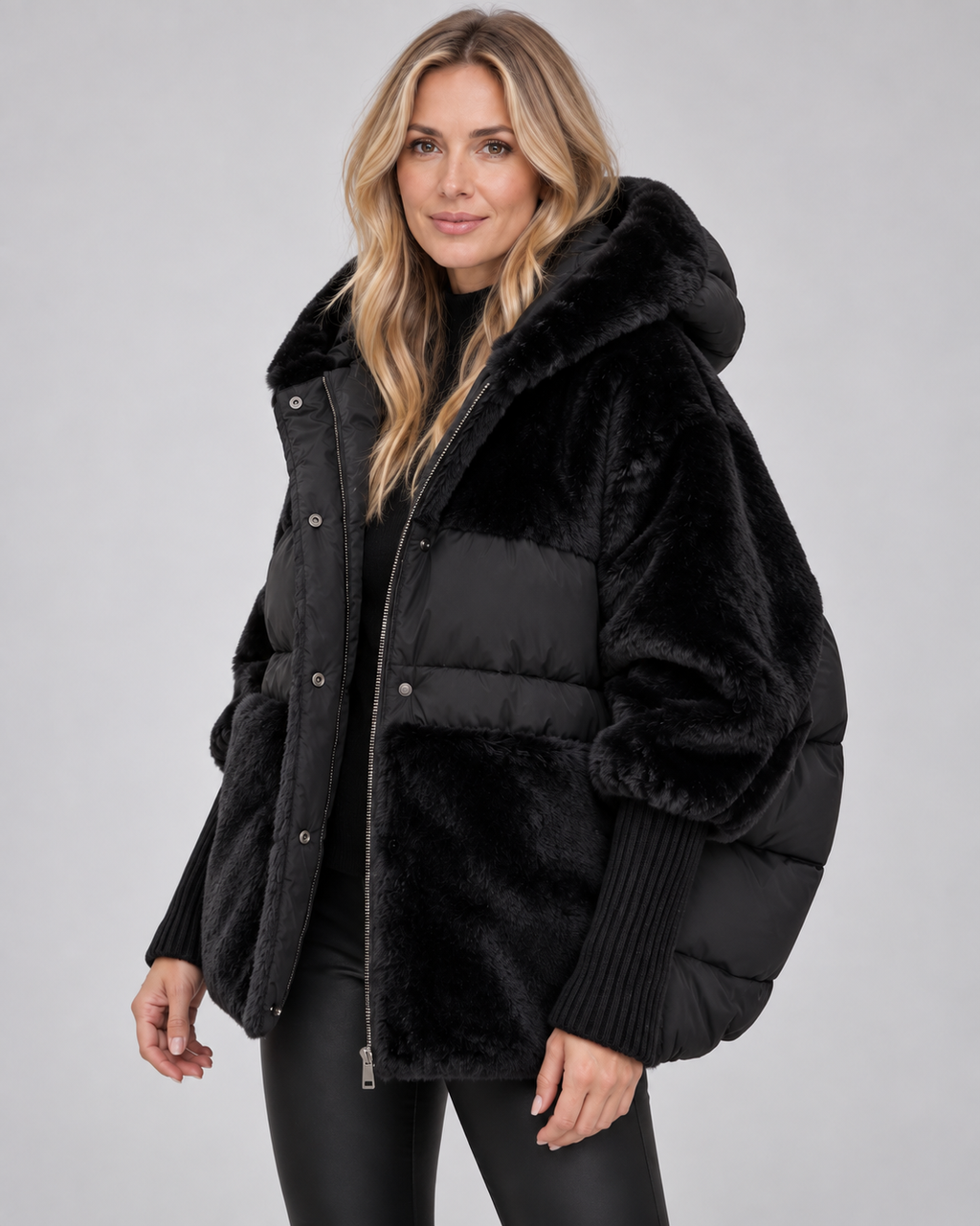 Women's Oversized Padded Hooded Coat with Faux Fur Panels