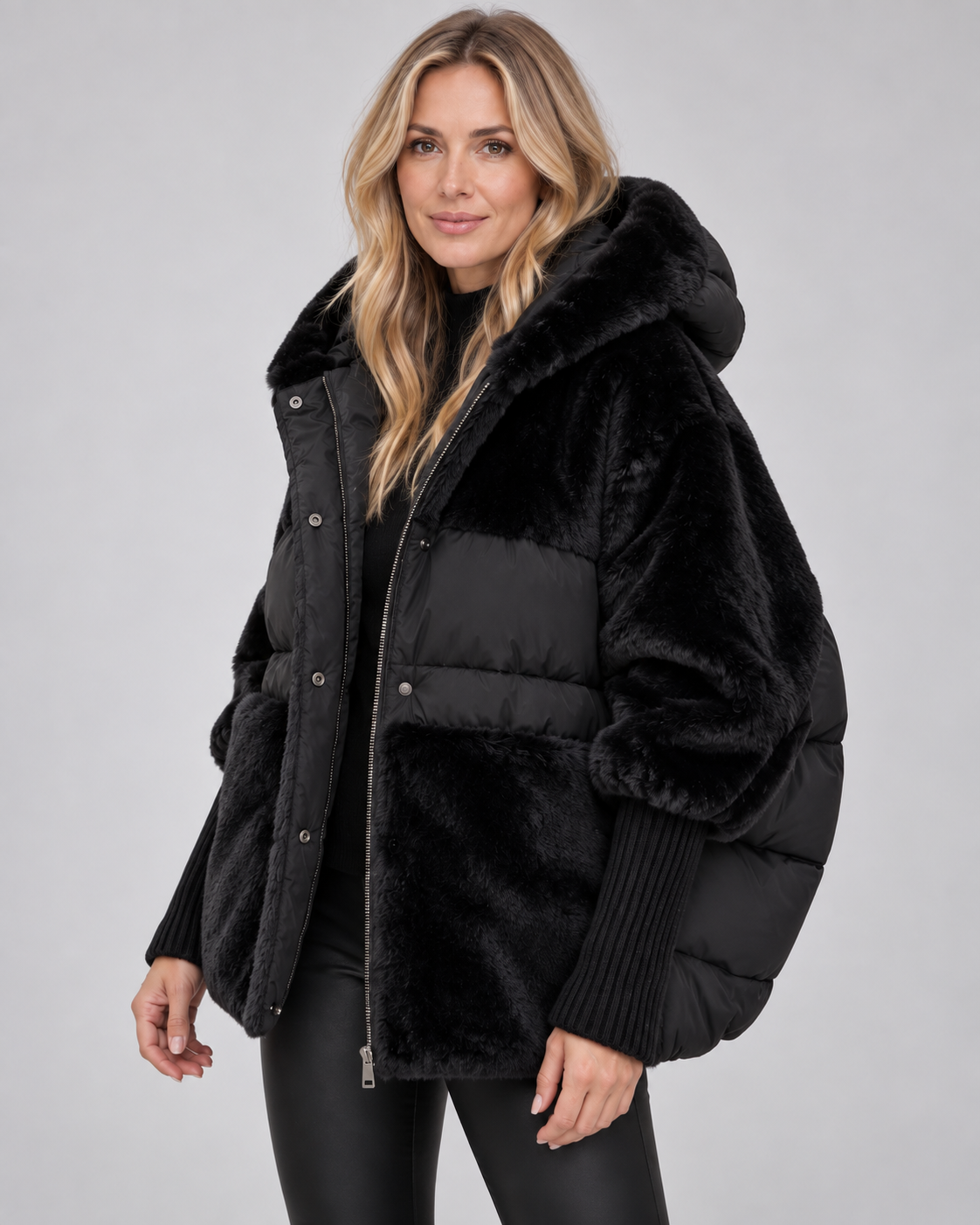 Women's Oversized Padded Hooded Coat with Faux Fur Panels