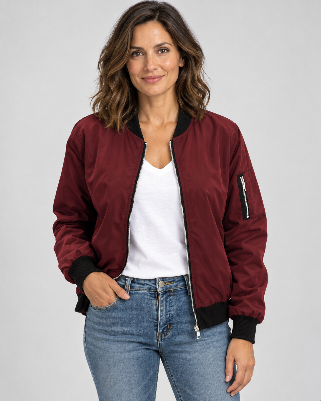 Women's Bomber Jacket with Zip Front and Ribbed Cuffs