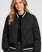 Women's Quilted Bomber Jacket with Ribbed Collar and Zip Front
