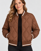 Women's Quilted Bomber Jacket with Ribbed Collar and Zip Front