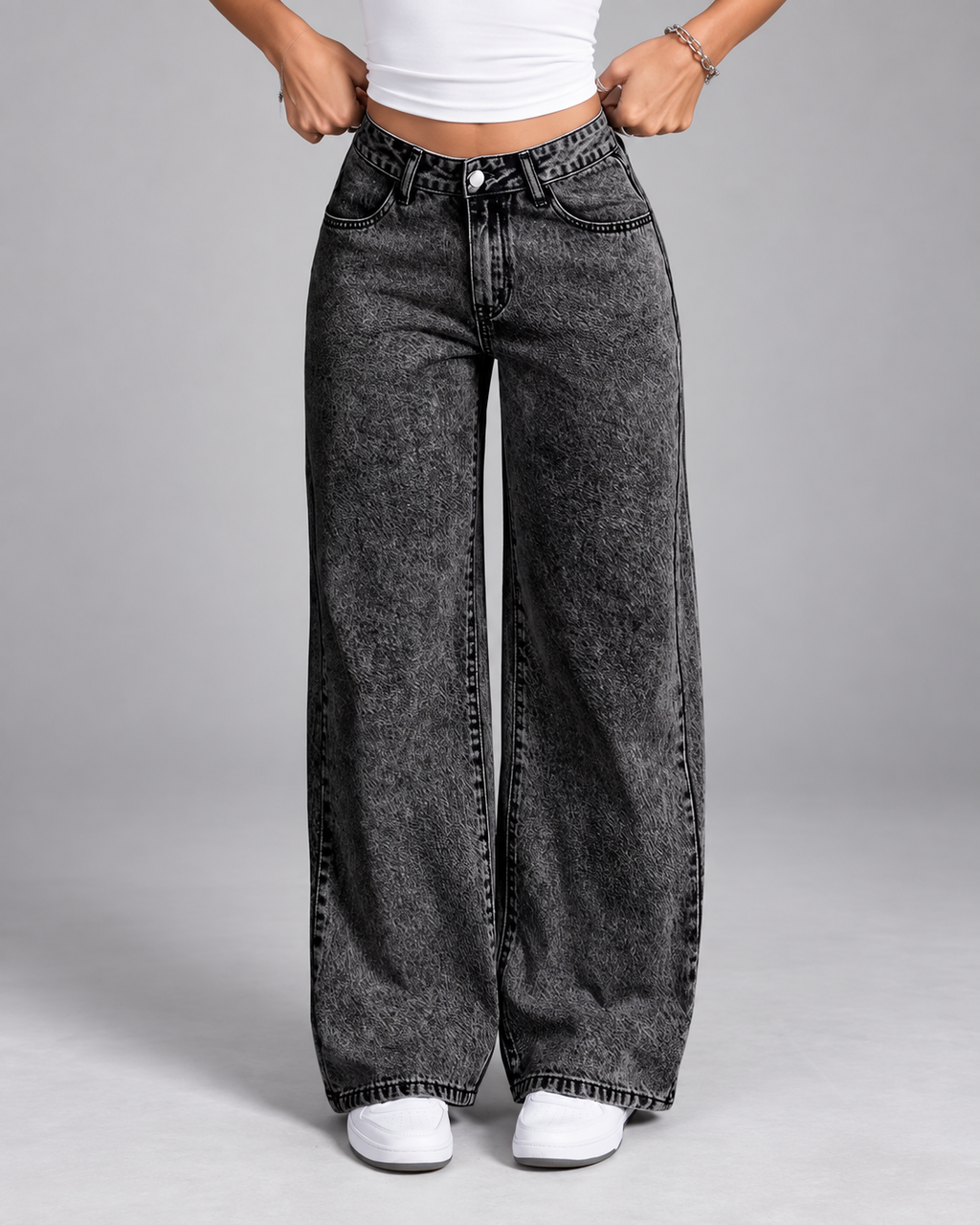 Women's Wide Leg Jeans with Mid Rise and Black Acid Wash