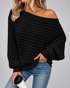 Women's Off Shoulder Ribbed Knit Jumper with Batwing Sleeves