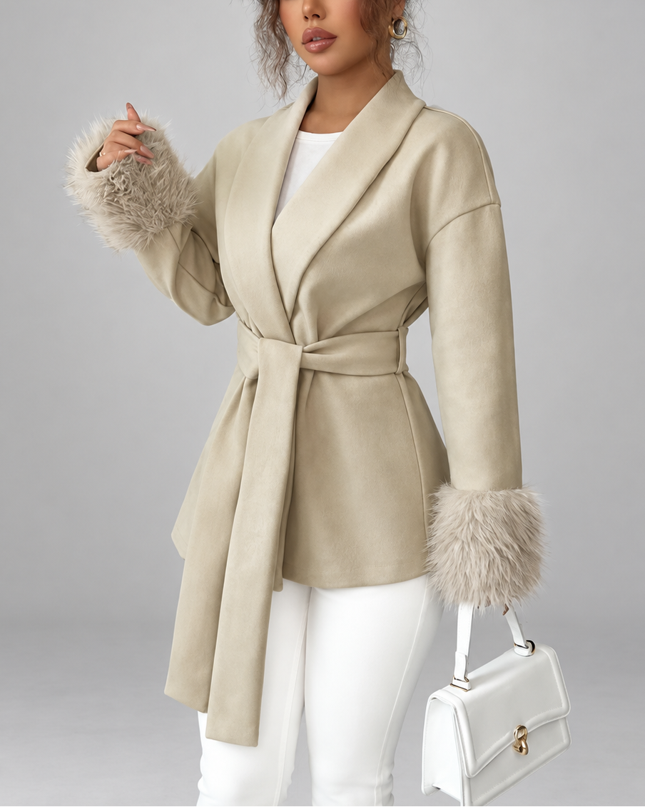Women's belted jacket with faux fur cuffs in beige - side