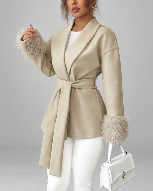Women's belted jacket with faux fur cuffs in beige - side