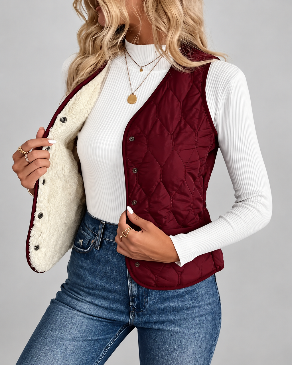 Women's Quilted Gilet with Fleece Lining and Button Front