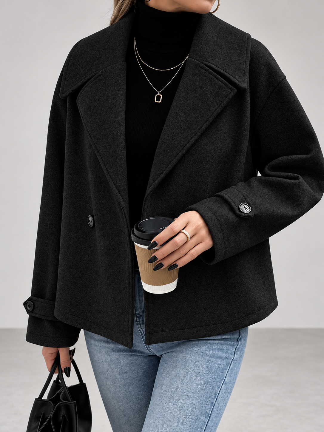 Women's Oversized Double Breasted Short Coat with Lapel Collar
