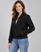 Women's Textured Knit Bomber Jacket with Zip Front and Ribbed Trim