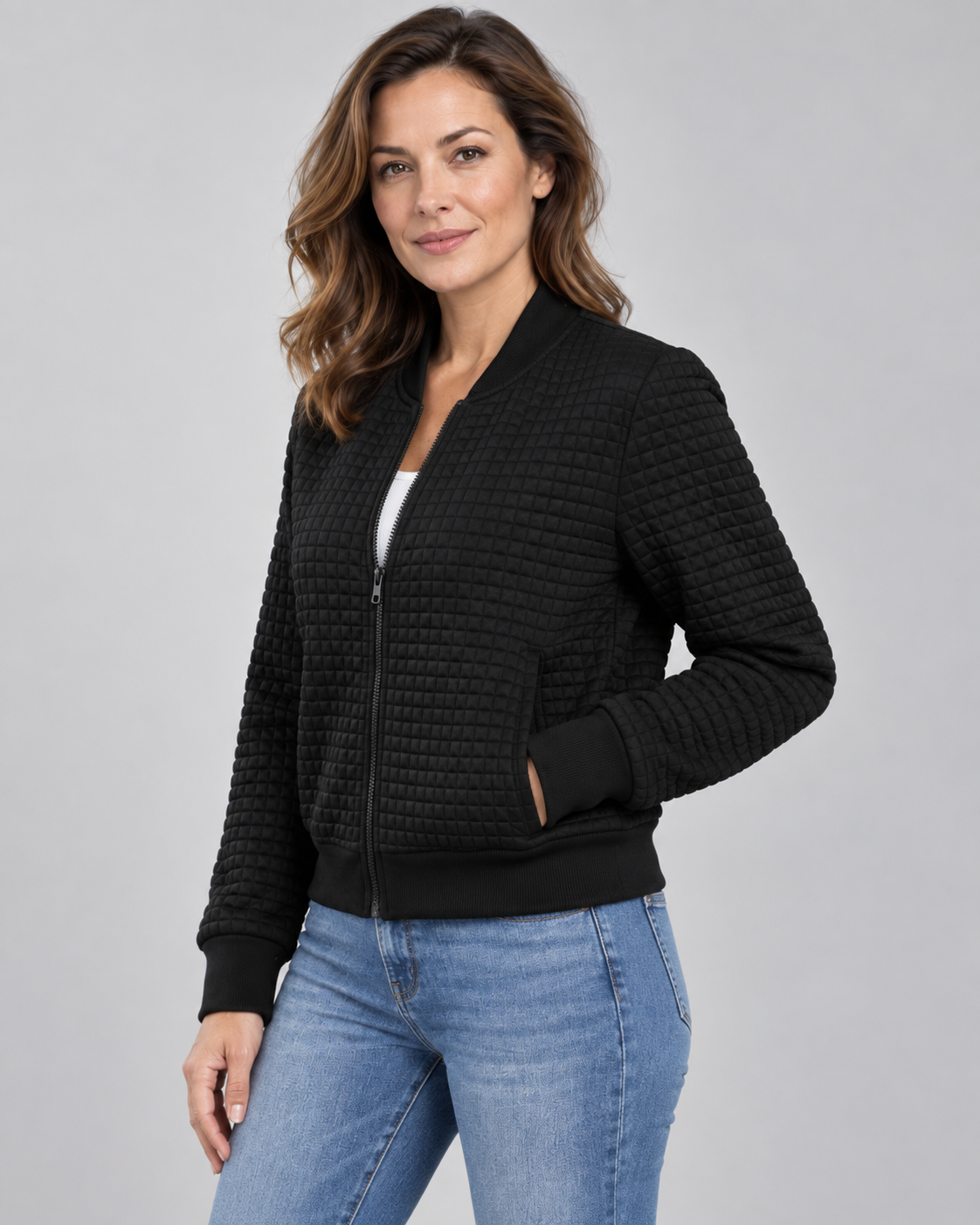 Women's Textured Knit Bomber Jacket with Zip Front and Ribbed Trim