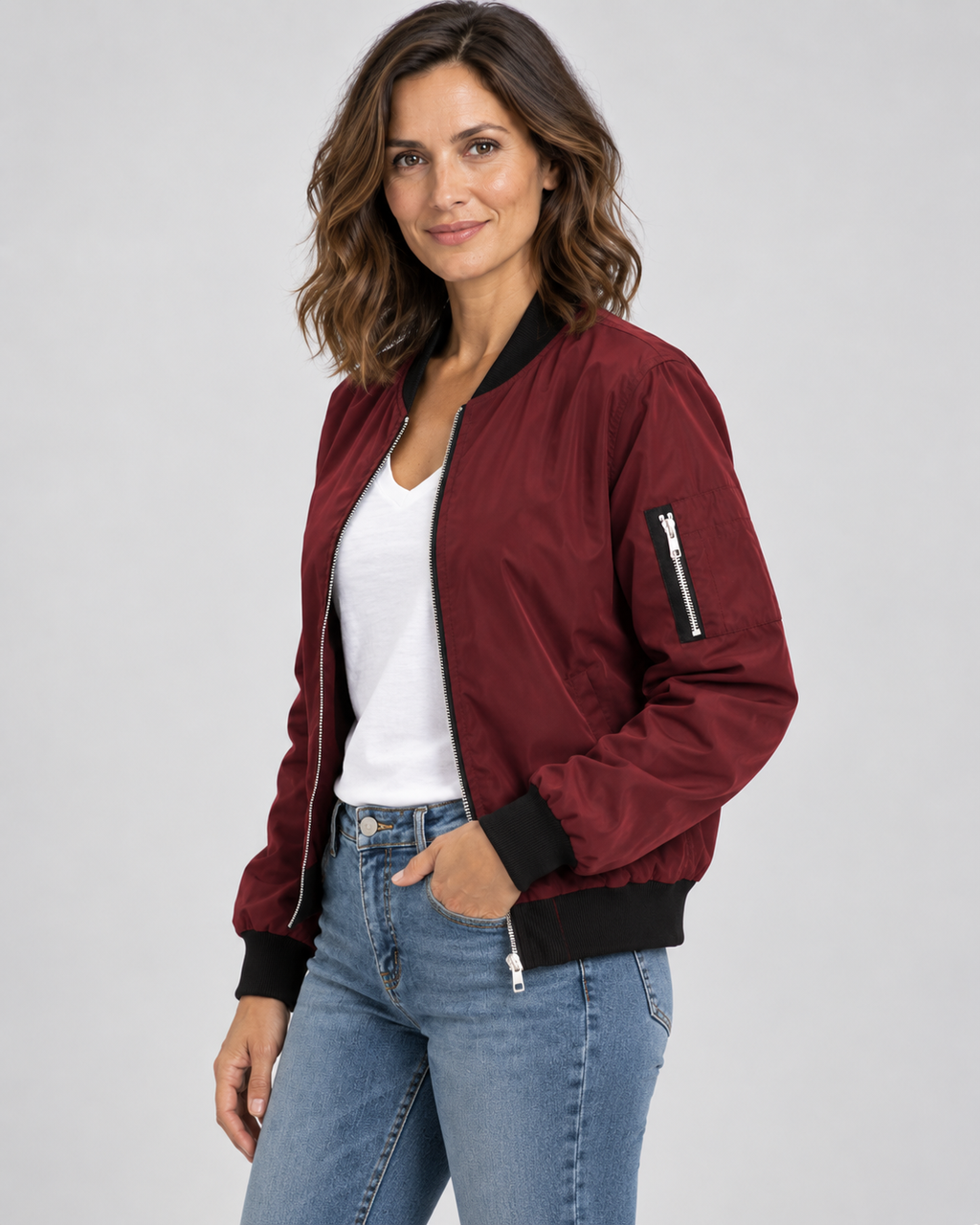 Women's Bomber Jacket with Zip Front and Ribbed Cuffs