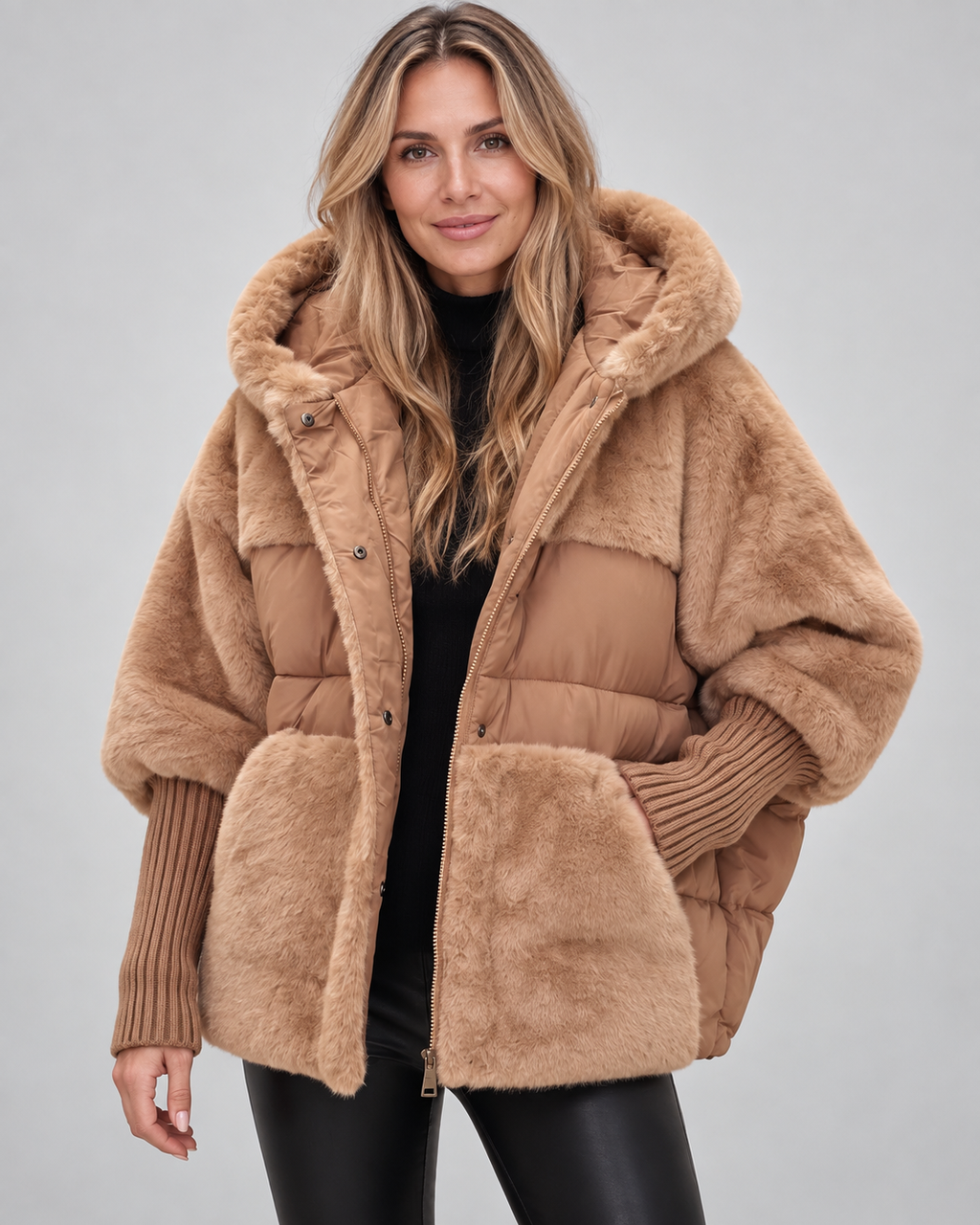 Women's Oversized Padded Hooded Coat with Faux Fur Panels