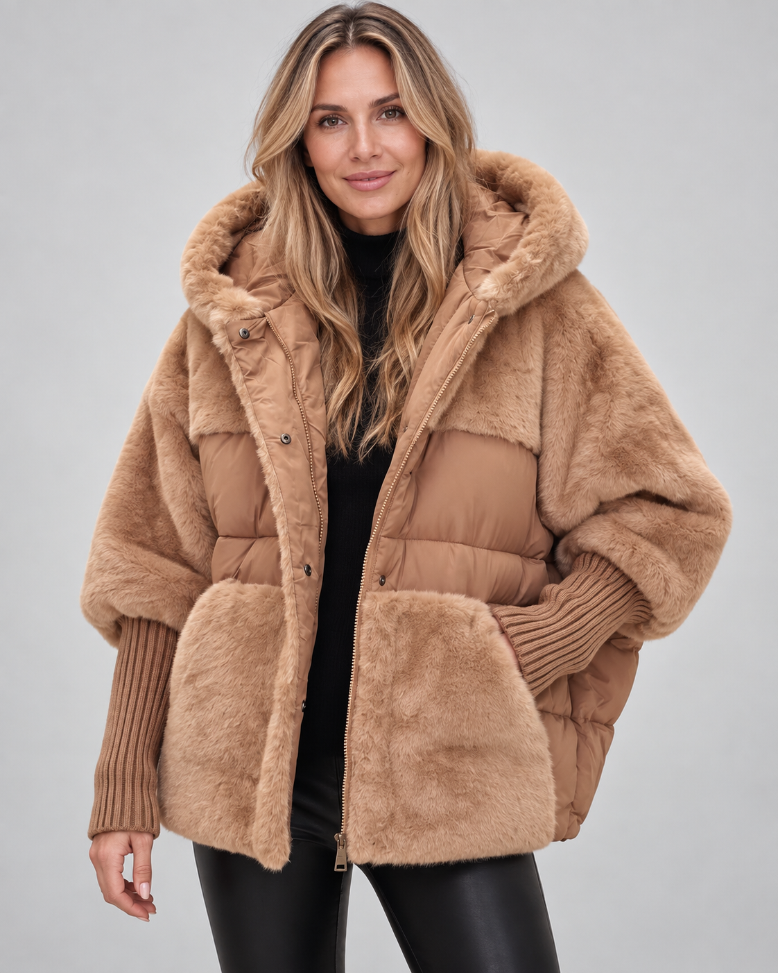 Women's Oversized Padded Hooded Coat with Faux Fur Panels