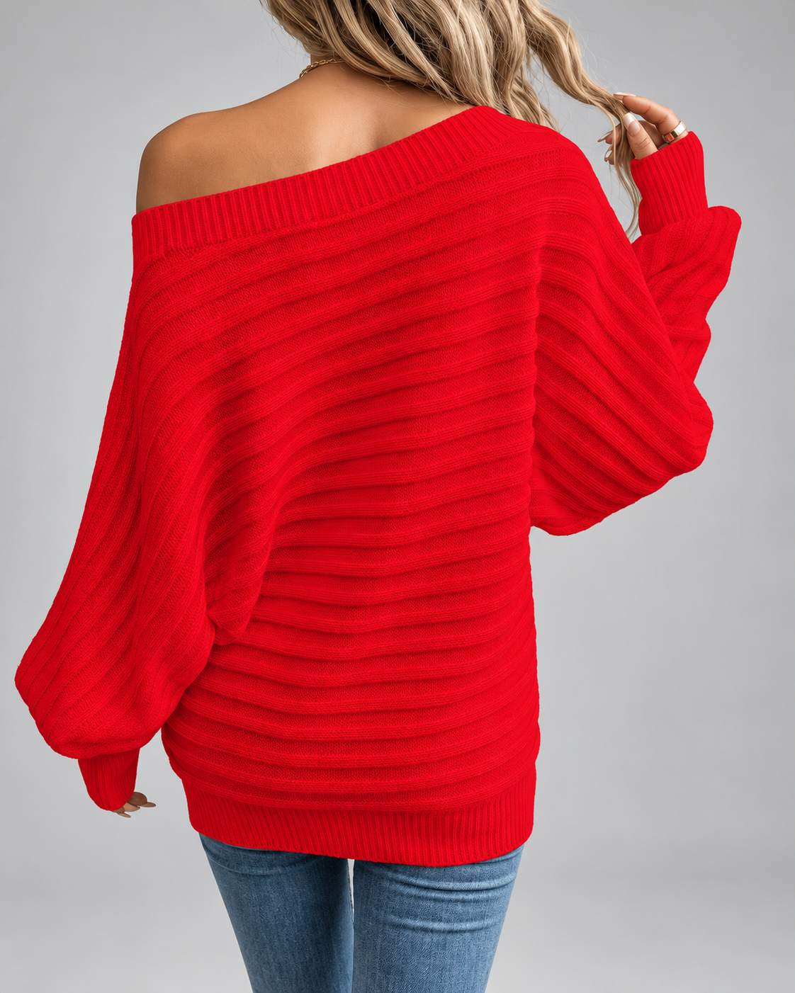 Women's Off Shoulder Ribbed Knit Jumper with Batwing Sleeves