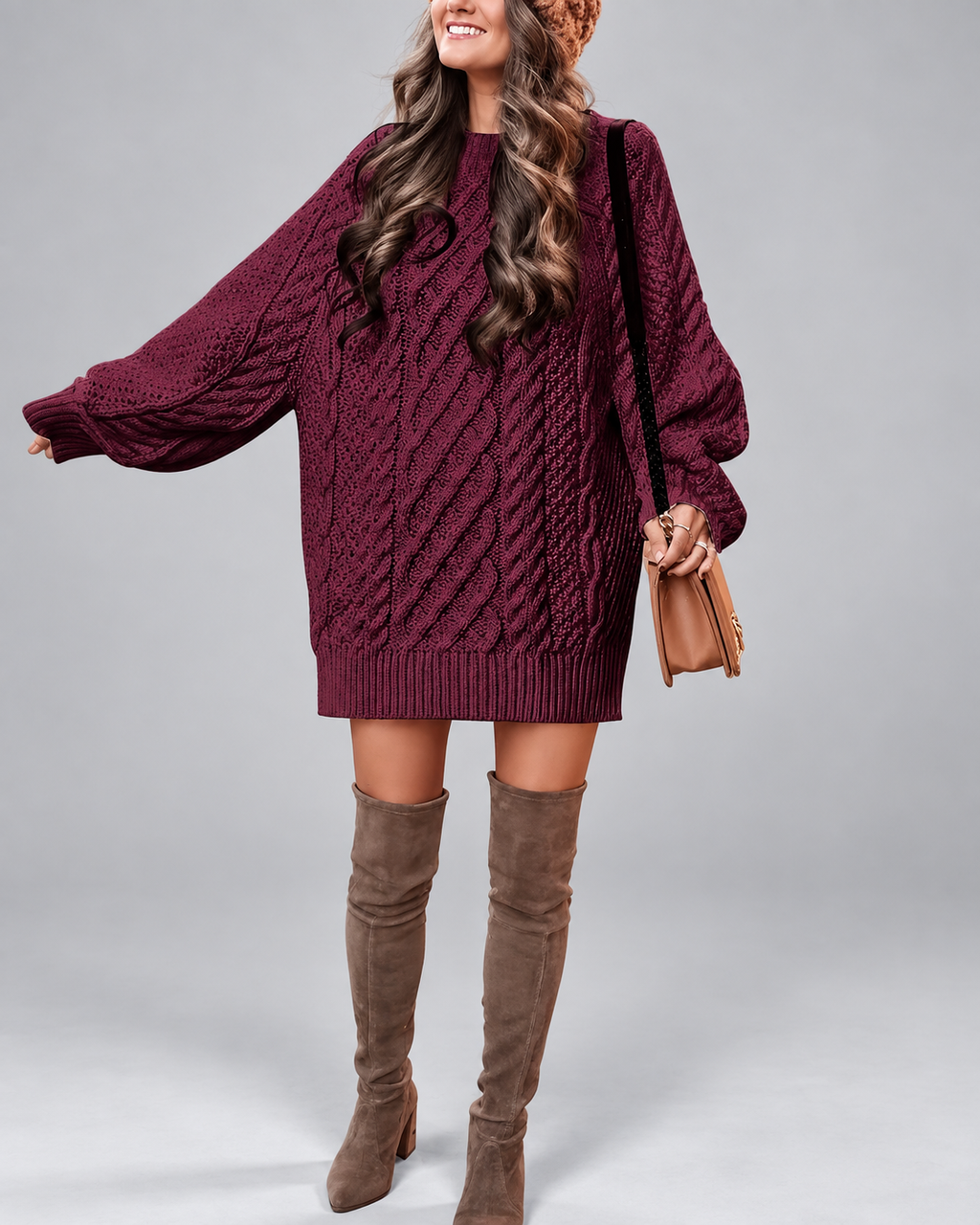 Women's Oversized Cable Knit Jumper Dress with Balloon Sleeves