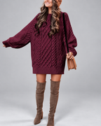 Women's Oversized Cable Knit Jumper Dress with Balloon Sleeves