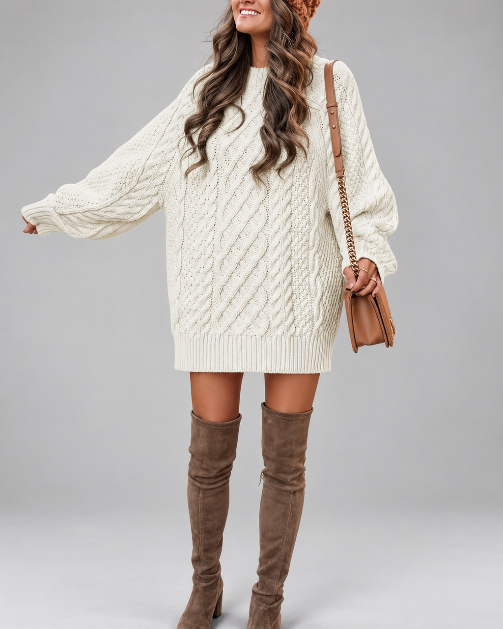 Women's Oversized Cable Knit Jumper Dress with Balloon Sleeves