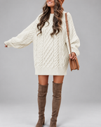 Women's Oversized Cable Knit Jumper Dress with Balloon Sleeves