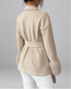 Women's belted jacket with faux fur cuffs in beige - back