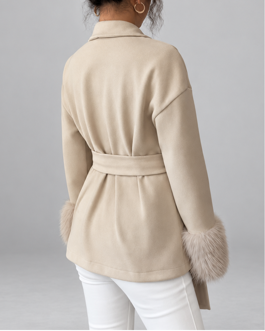 Women's belted jacket with faux fur cuffs in beige - back