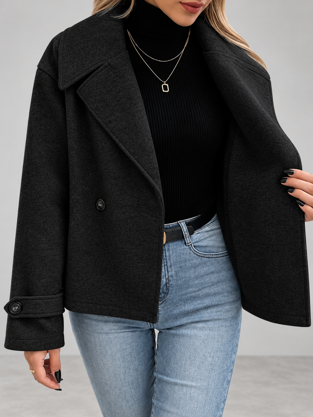 Women's Oversized Double Breasted Short Coat with Lapel Collar