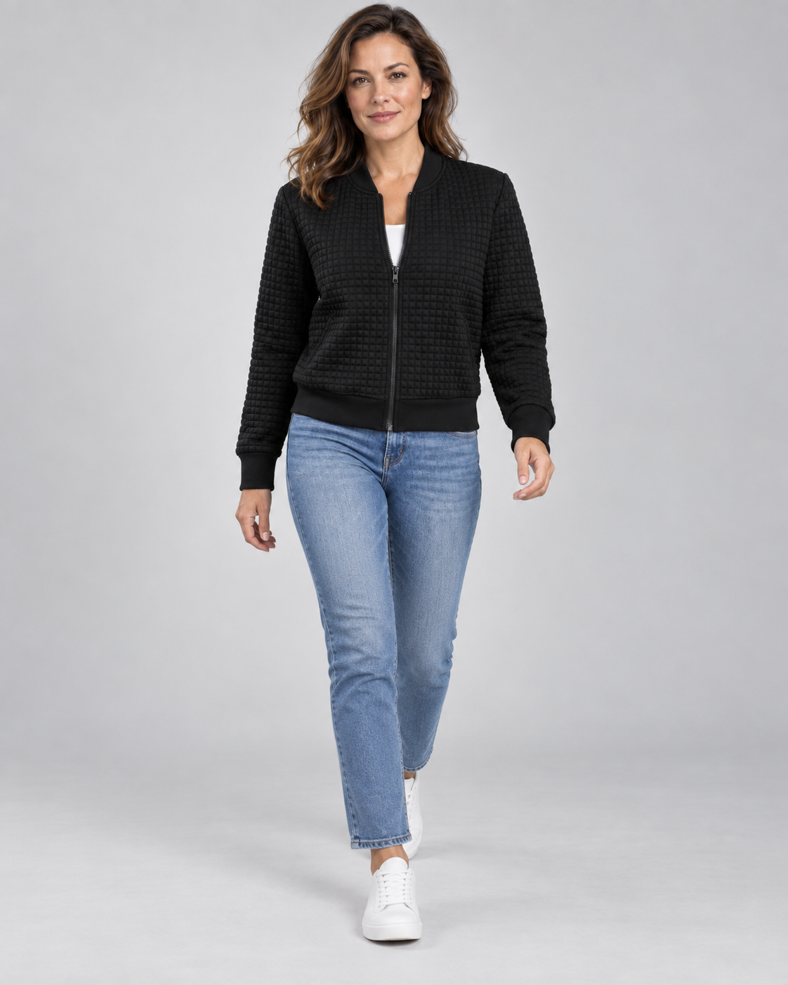 Women's Textured Knit Bomber Jacket with Zip Front and Ribbed Trim