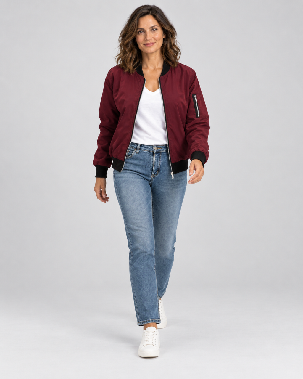 Women's Bomber Jacket with Zip Front and Ribbed Cuffs