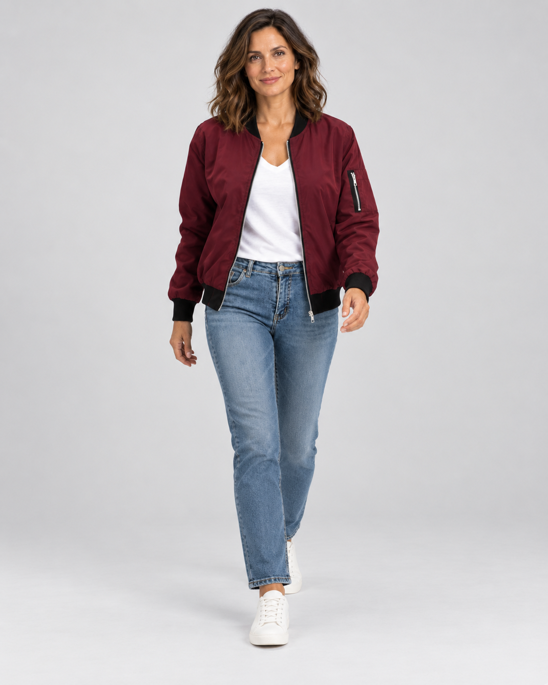 Women's Bomber Jacket with Zip Front and Ribbed Cuffs