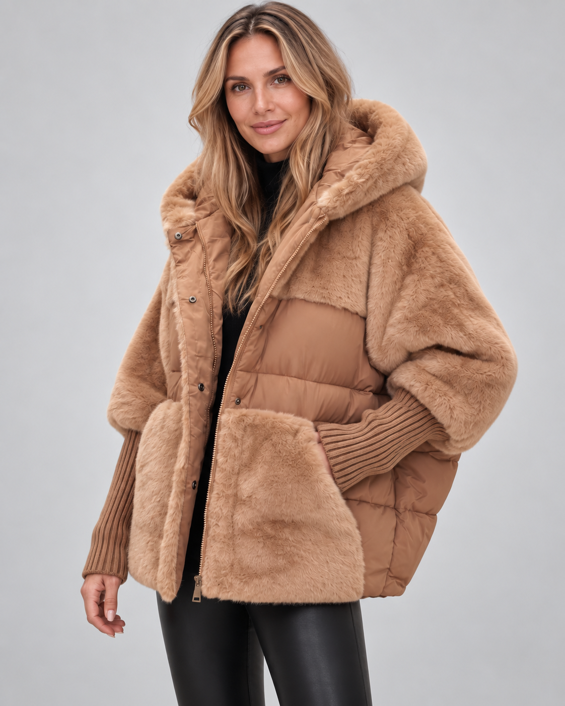 Women's Oversized Padded Hooded Coat with Faux Fur Panels
