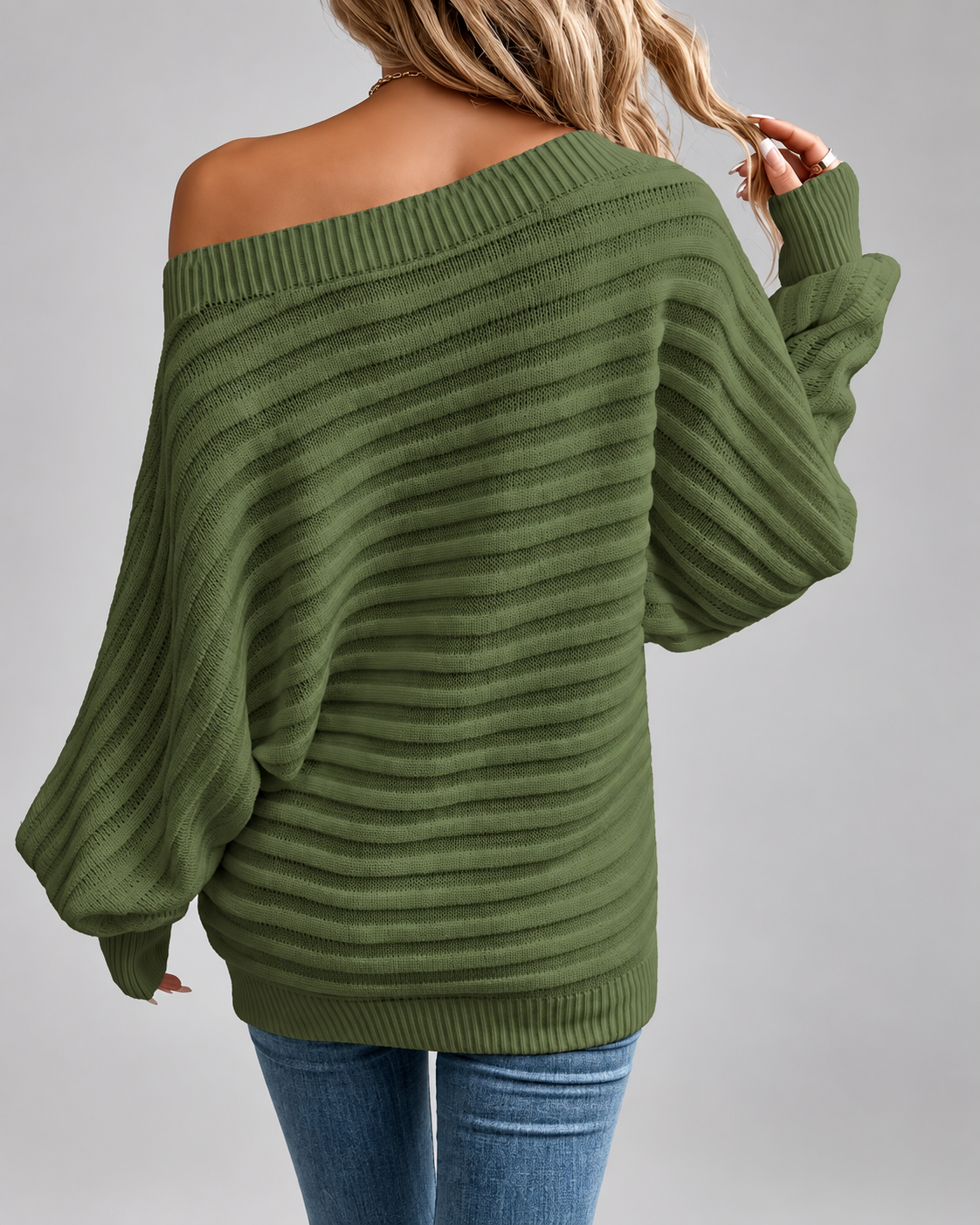 Women's Off Shoulder Ribbed Knit Jumper with Batwing Sleeves