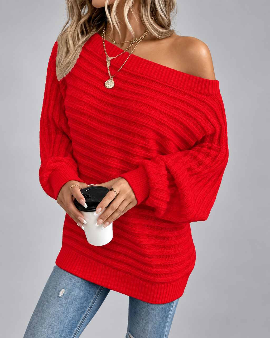 Women's Off Shoulder Ribbed Knit Jumper with Batwing Sleeves