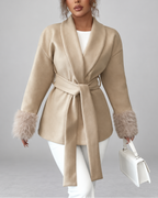 Women's belted jacket with faux fur cuffs in khaki - front