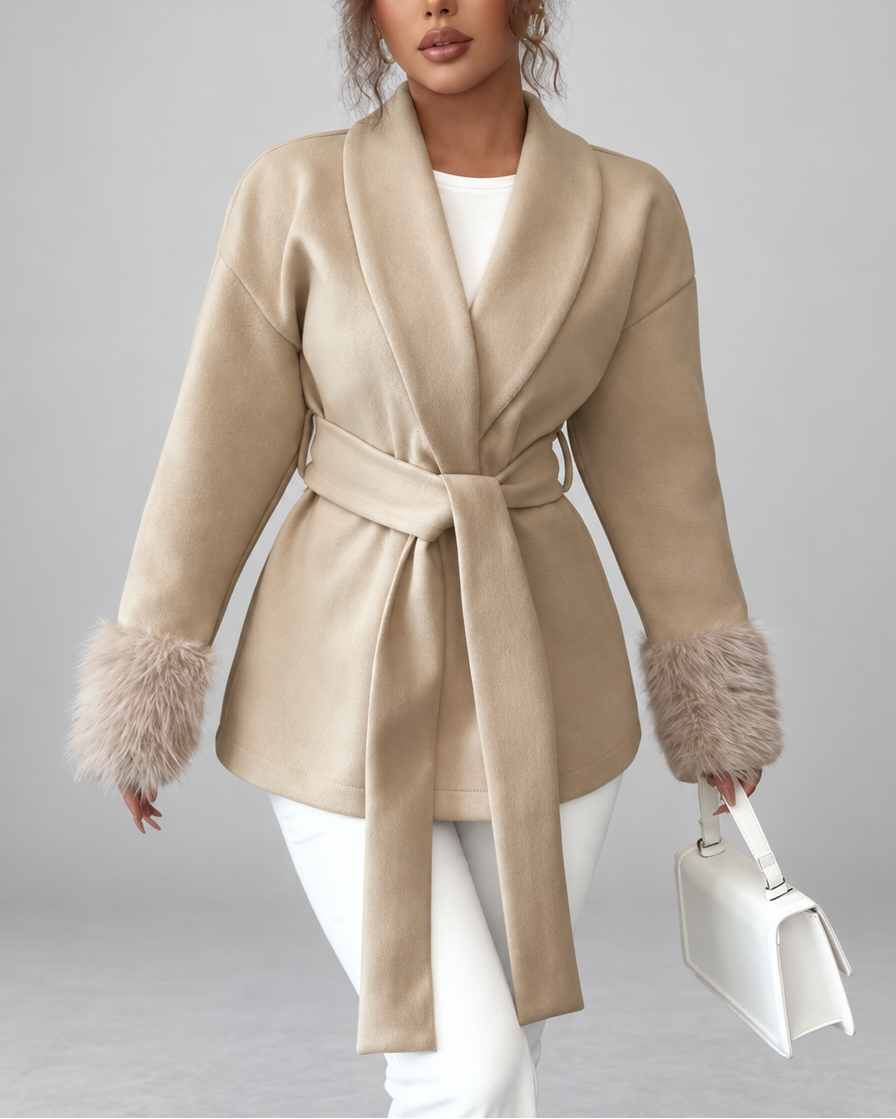 Women's belted jacket with faux fur cuffs in khaki - front