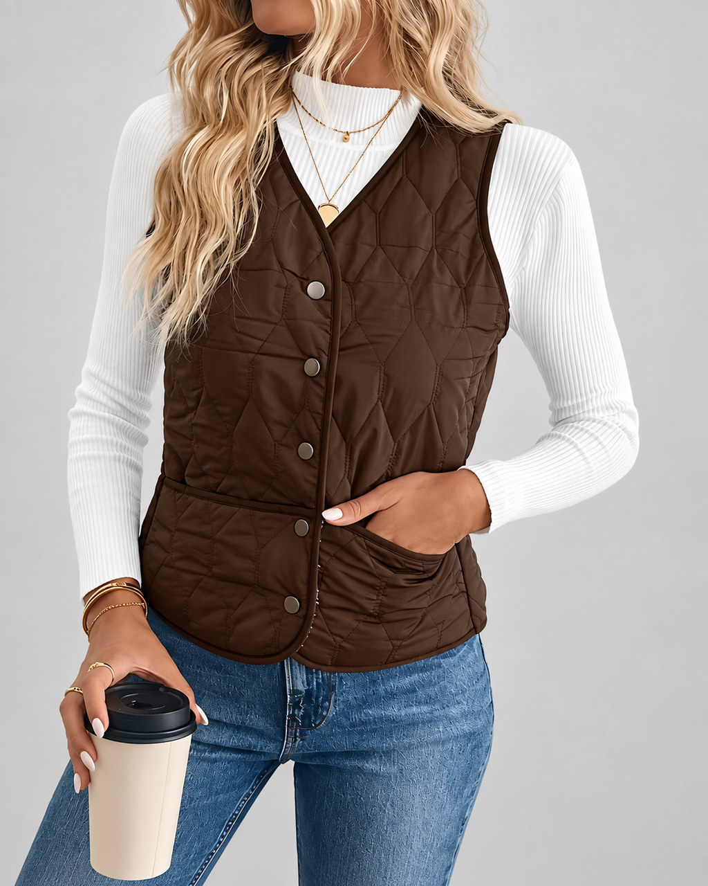 Women's Quilted Gilet with Fleece Lining and Button Front