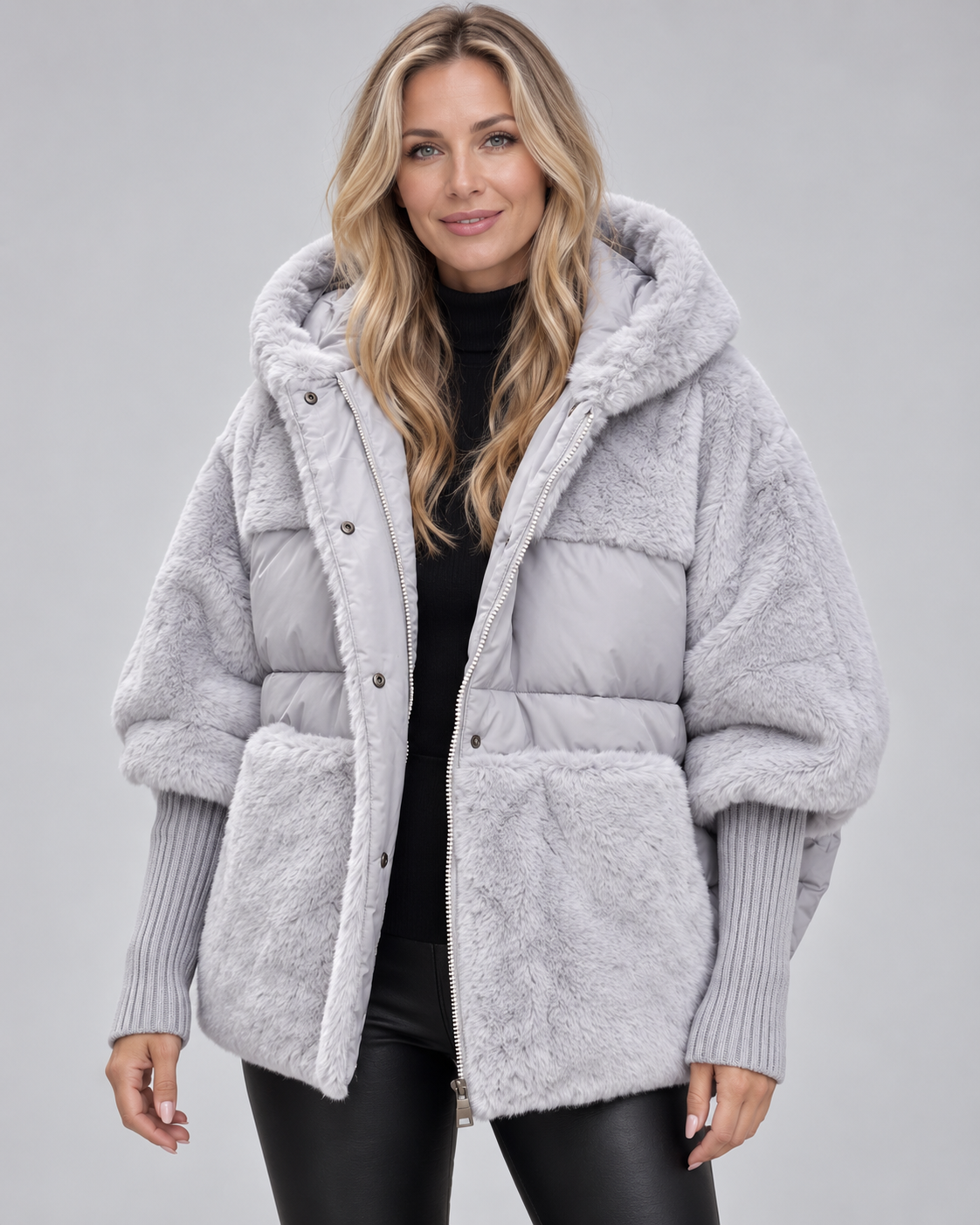Women's Oversized Padded Hooded Coat with Faux Fur Panels