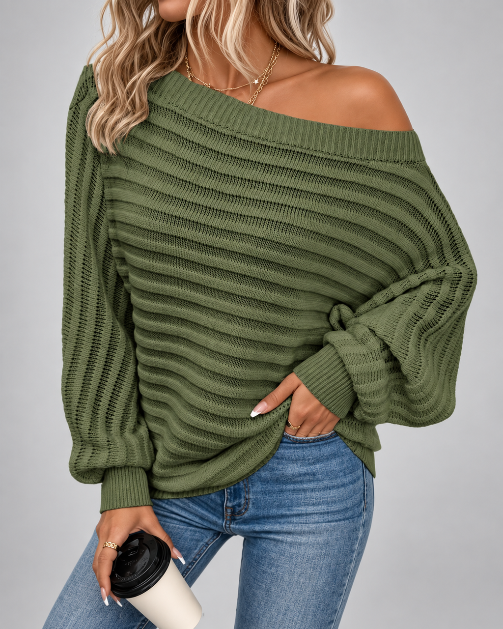 Women's Off Shoulder Ribbed Knit Jumper with Batwing Sleeves