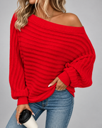 Women's Off Shoulder Ribbed Knit Jumper with Batwing Sleeves