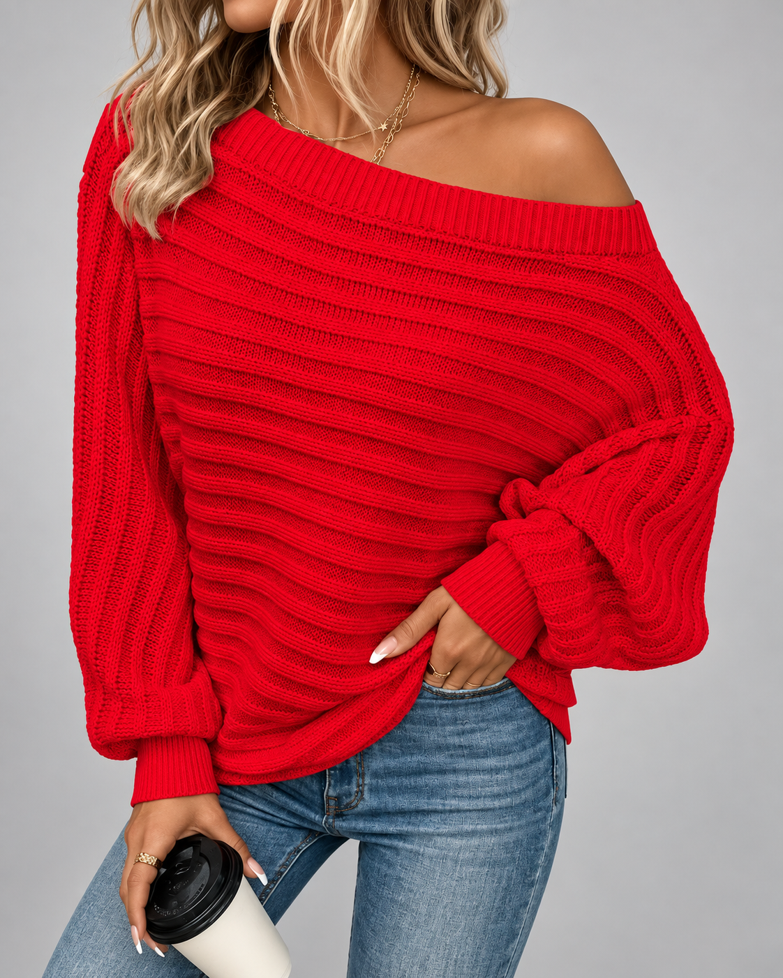 Women's Off Shoulder Ribbed Knit Jumper with Batwing Sleeves