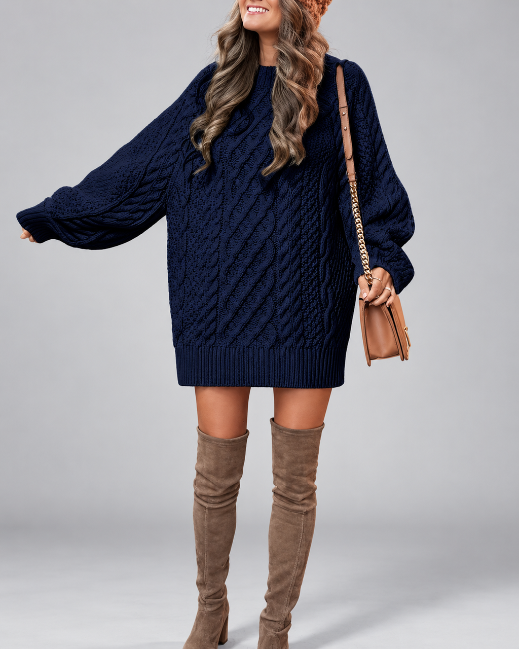 Women's Oversized Cable Knit Jumper Dress with Balloon Sleeves